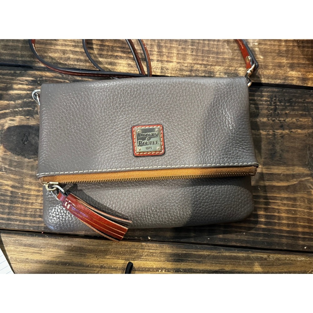 Dooney & Bourke Pebble Leather Foldover Crossbody Bag Taupe Gray Brown Tassel - Picture 3 of 11